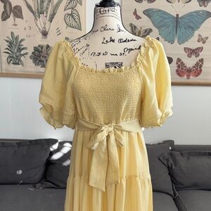 Yellow Smocked Puff Sleeve Dress